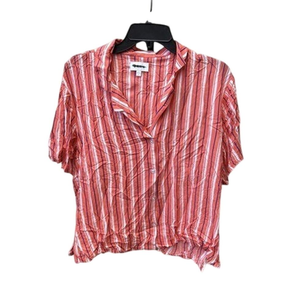 DKNY Women's Button‎ down Short sleeve Pink Striped Shirt Large NWT
